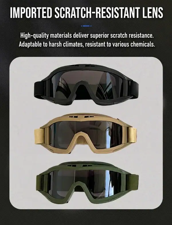 GL08 Tactical Protective Goggles in black, tan, and green for outdoor, wind, and sand protection.