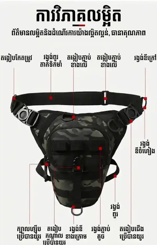 កាបូបស្ពាយ Camouflage មានរន្ធ USB និងកន្លែងផ្ទុកច្រើនផ្នែកសម្រាប់ការធ្វើដំណើរ.