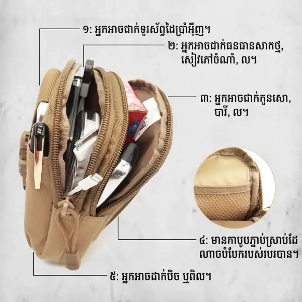 កាបូបចង្កេះតាក់ទីក MOLLE សម្រាប់សកម្មភាពក្រៅផ្ទះ និងប្រើប្រាស់ប្រចាំថ្ងៃ.