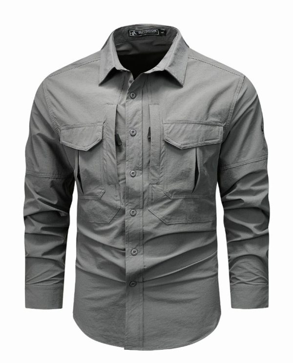 Men’s outdoor quick-dry tactical shirt in gray with long sleeves and multi-pocket design.