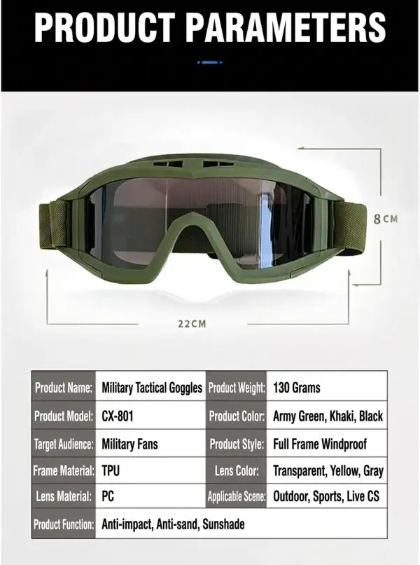 GL08 Tactical Protective Goggles for outdoor, wind and sand protection in black and full frame windproof style.
