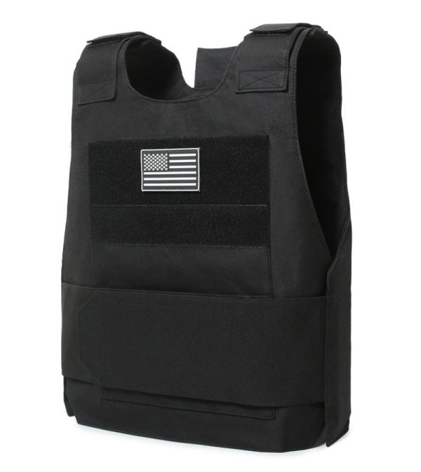 Black tactical training vest with American flag patch for outdoor use, quick release design, durable material.