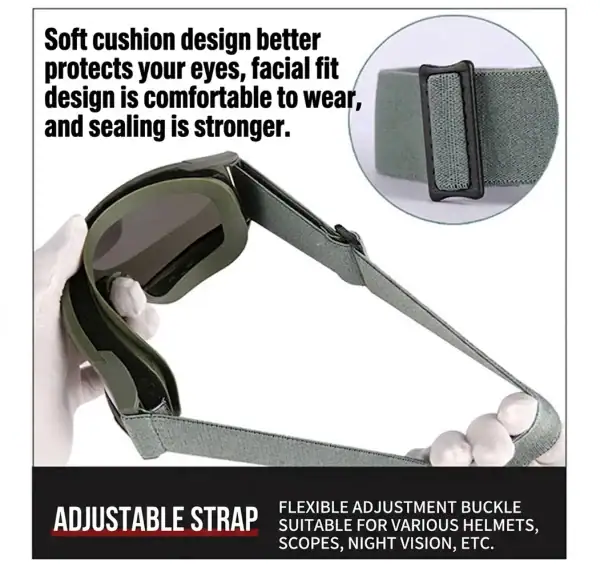 Tactical protective goggles in black with adjustable strap for outdoor, wind, and sand protection.
