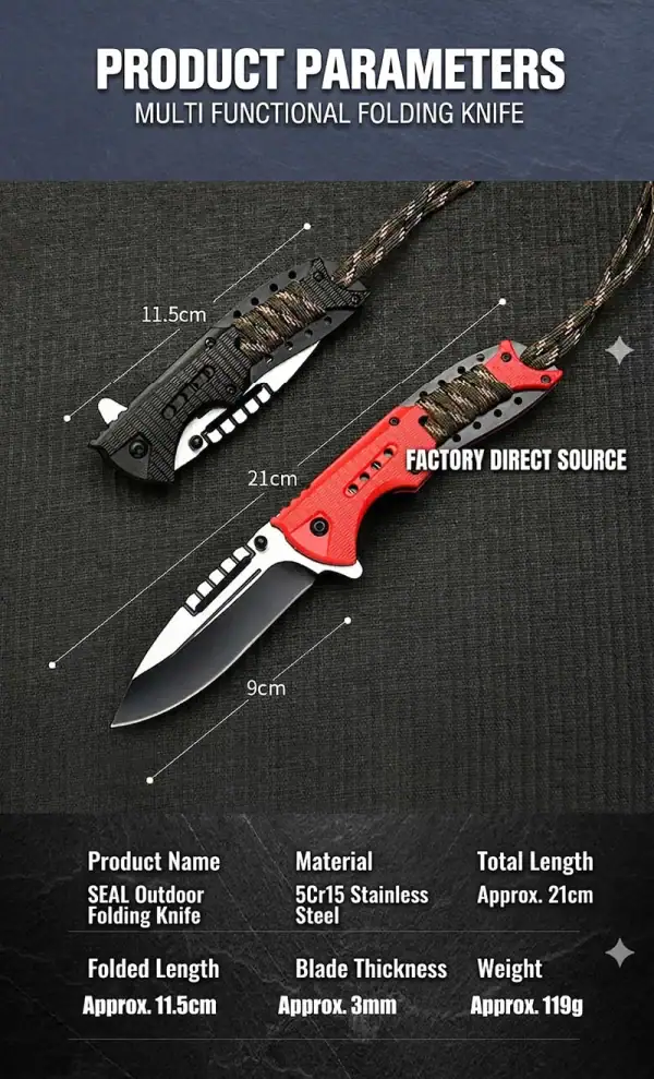 ក្រចកដៃក្រហម K57 Premium SEAL Tactical Folding Knife with 5CR13 Steel & Paracord handle, 21cm ប្រវែងសរុប, 11.5cm កាត់ដៃ.