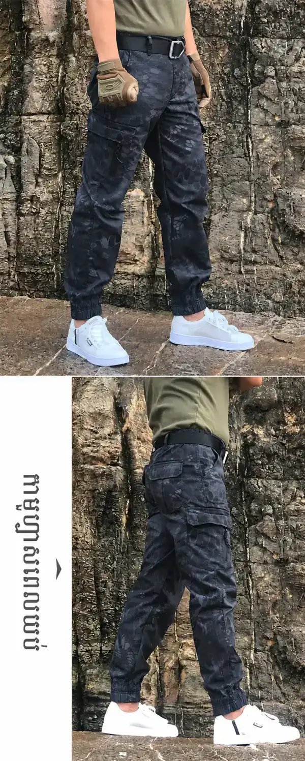 ខោ Jogger Tactical Camouflage សម្រាប់ក្រៅផ្ទះ បែប Slim Fit មានចង្កេះស្រួល និងជើងខោ Elastic Cuffs.