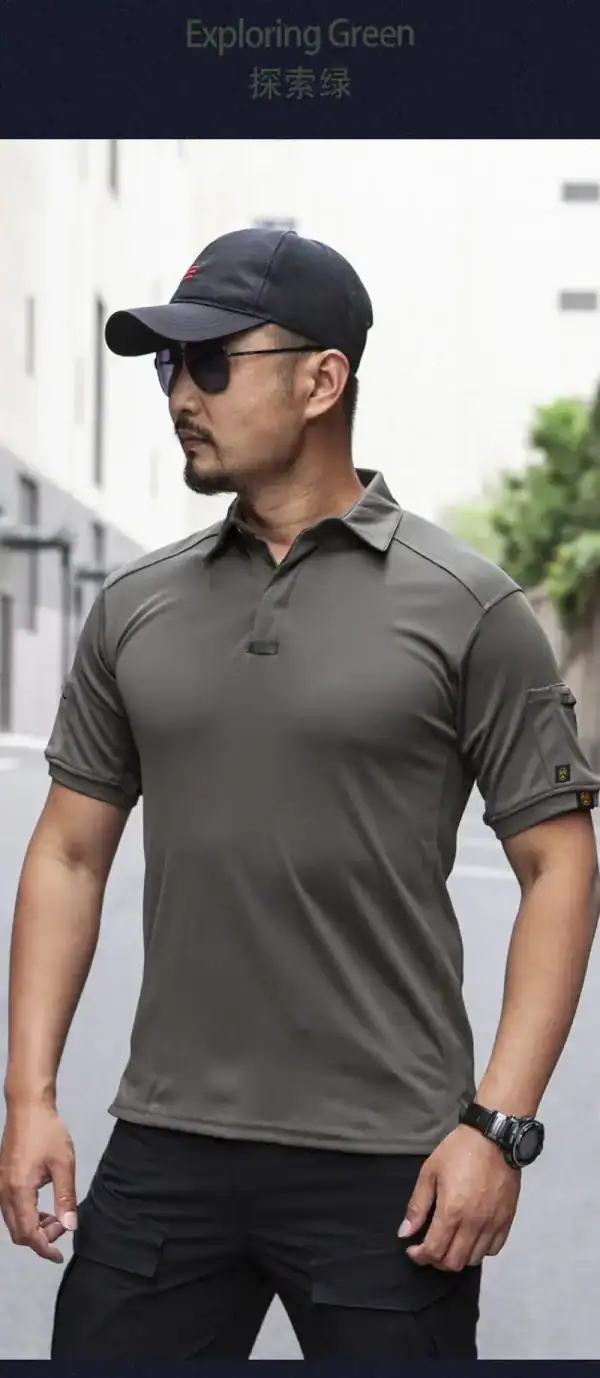 Wholesale Instructor Tactical Summer Outdoor T-Shirt in gray with quick-drying fabric and lapel style.