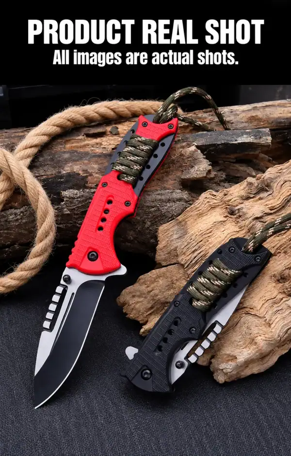 K57 Premium SEAL tactical folding knife with red handle and 5CR13 steel blade, paracord wrapped handle for outdoor use.