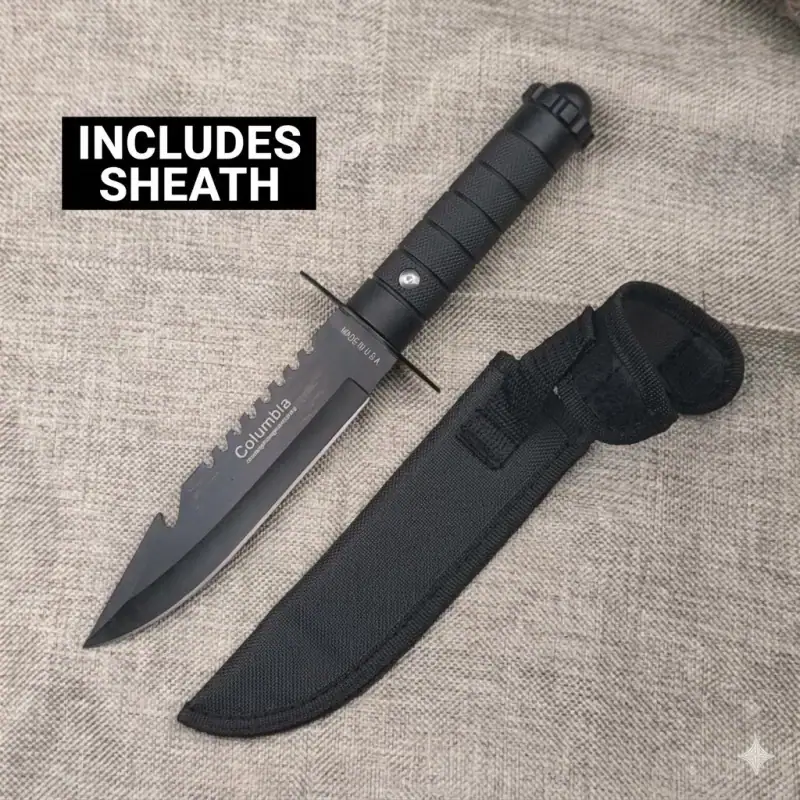 K91 Premium Outdoor Survival Straight Knife with black handle and sheath for camping and adventure.