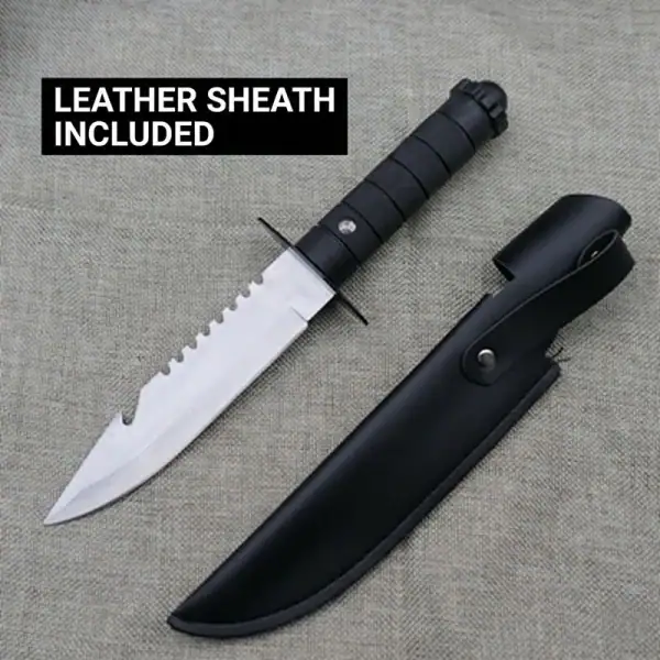 K91 Premium Outdoor Survival Straight Knife with black handle and leather sheath for camping and adventure.