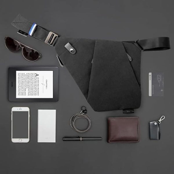 Modern black crossbody sling bag with adjustable strap and multi-pocket storage for tactical outdoor use.