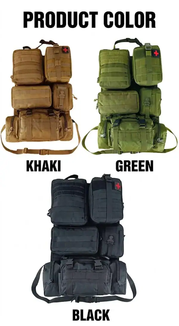 ឈុតរៀបចំកៅអីរថយន្ត Tactical មានពណ៌ khaki, green, និង black សម្រាប់ការប្រើប្រាស់ក្រៅផ្ទះ និង tactical។.