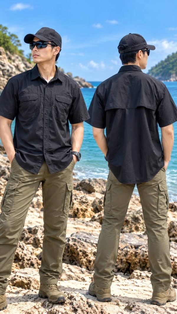 SHS10 Quick-Drying Tactical Short-Sleeved Shirt in black for men, breathable and suitable for outdoor activities.