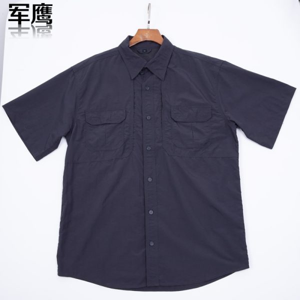Tactical short-sleeved shirt in navy blue, summer breathable military style for men.