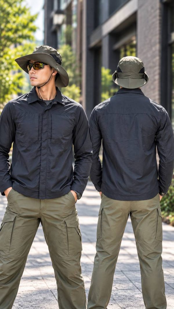 Men's lightweight spring-summer shirt jacket in black with minimal lapel, outdoor tactical style.