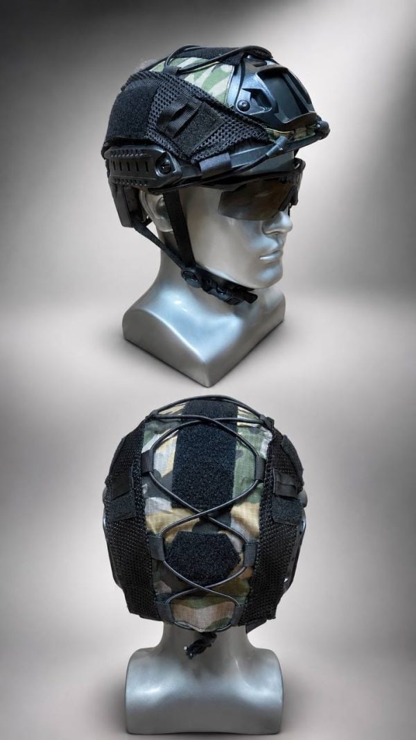 Tactical mesh helmet cover for outdoor and training helmets, camouflage style, fits military and tactical helmets.