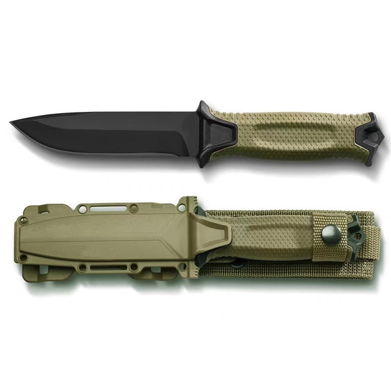 K03 Heavy-Duty Tactical Fixed Blade Survival Knife with custom sheath and green handle.