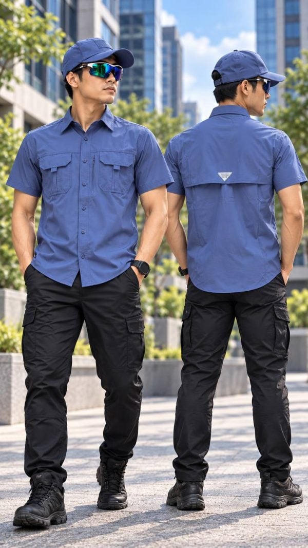Men wearing blue tactical short-sleeved shirts with multiple pockets, outdoor urban setting.