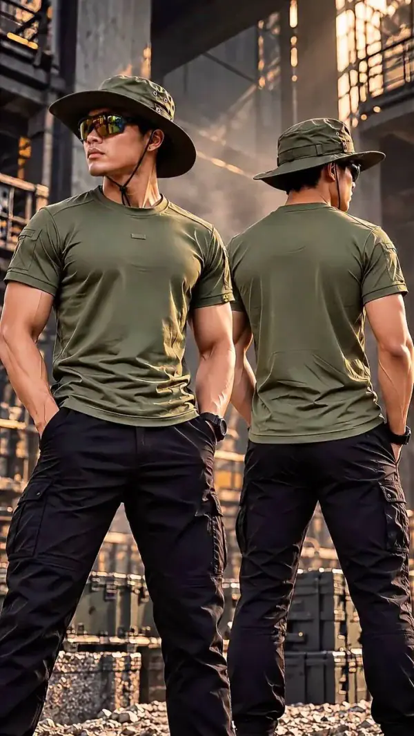 Men's khaki quick-drying tactical TSS05 Archon Crewneck T-shirt with short sleeves.