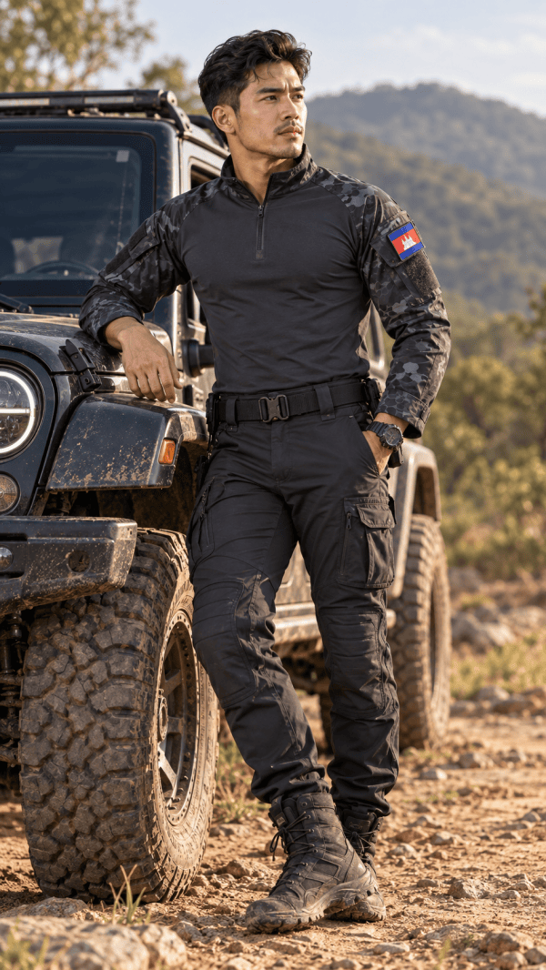 Tactical camouflage long sleeve combat shirt with quarter-zip for outdoor training and tactical use.