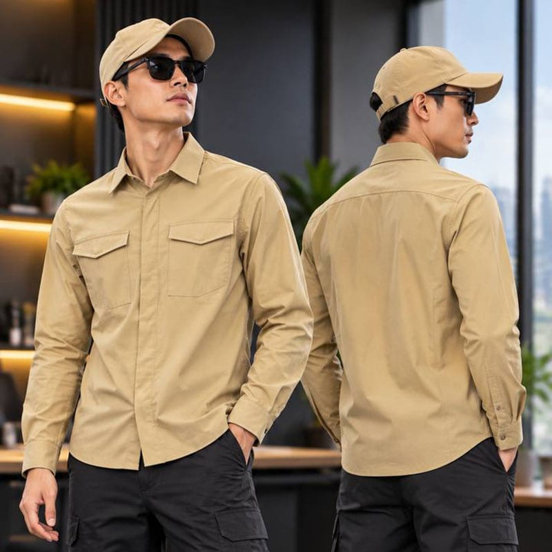 Men wearing beige tactical outdoor long sleeve shirts with caps and sunglasses in an urban setting.