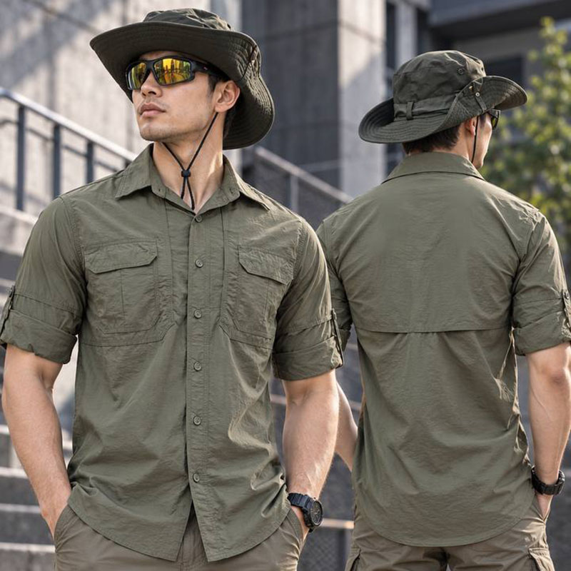 Military style long-sleeve shirt in olive green with chest pockets, lightweight outdoor utility design.