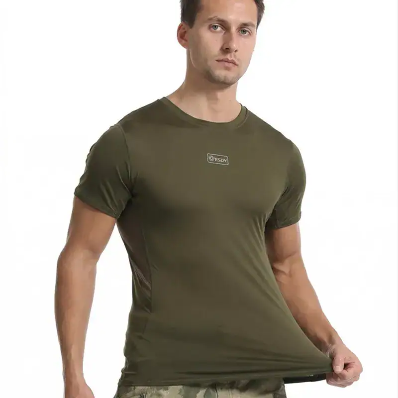 TSS23 Esdy Camouflage Quick-Drying Tactical T-Shirt in green, round neck, fitted style.