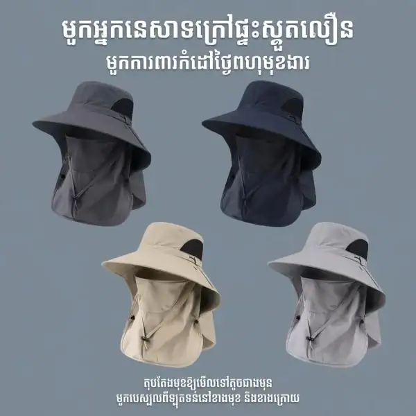 មួកការពារកម្តៅថ្ងៃប៉ាក់ធំ ពណ៌ខ្មៅ និងស្បែកស សម្រាប់ការពារកម្តៅថ្ងៃនៅភ្នំពេញ កម្ពុជា.