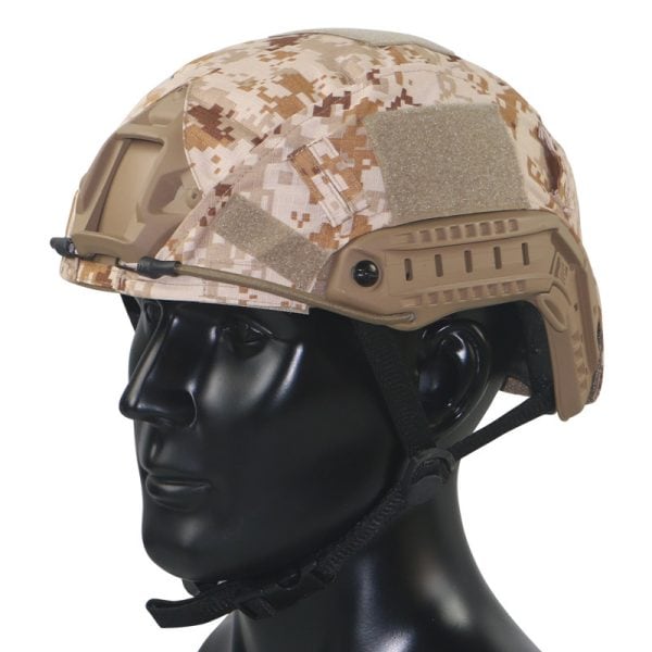 Tactical mesh helmet cover in desert camouflage for outdoor and training helmets.