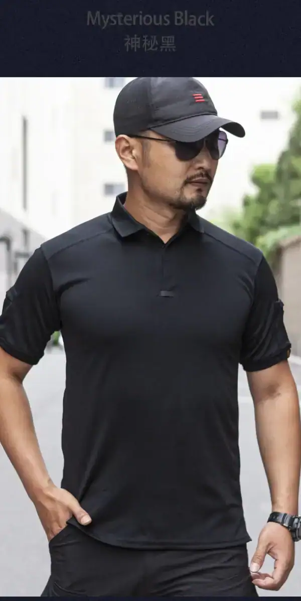 Wholesale Instructor Tactical Summer Outdoor T-Shirt in black, quick-drying men's polo style, short-sleeved, loose fit.