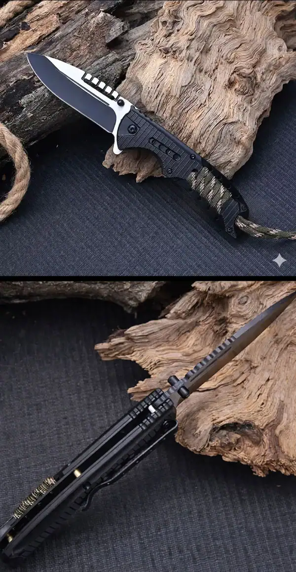 K57 Premium SEAL tactical folding knife with 5CR13 steel blade and paracord wrapped handle for outdoor use.