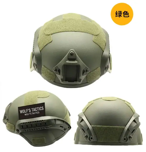 Tactical rail helmet in green for outdoor sports and CS field protection, with Velcro patches and mounting rails.