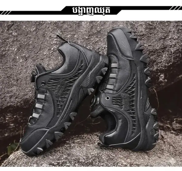 ស្បែកជើងភ្នំបុរស Outdoor Hiking ខ្មៅ មានប្រព័ន្ធបិទ Rotary Lock និងបាត TPR រឹងមាំ.