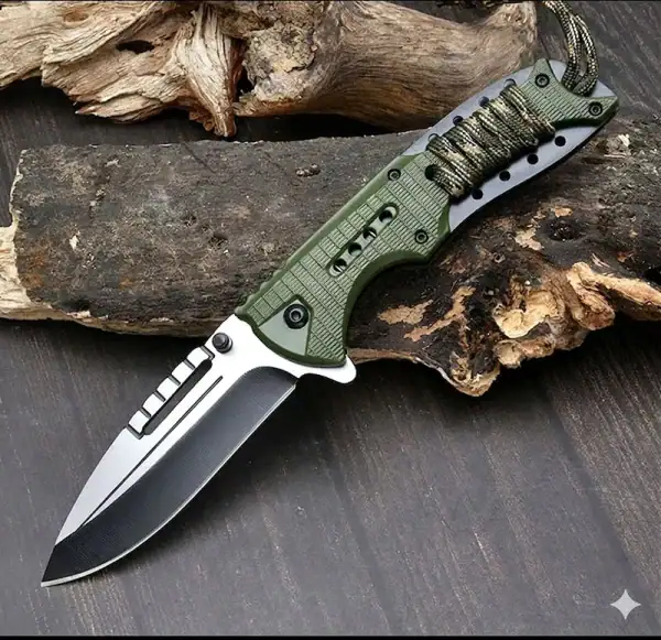 K57 Premium SEAL tactical folding knife with green handle and 5CR13 steel blade, outdoor gear for tactical use.