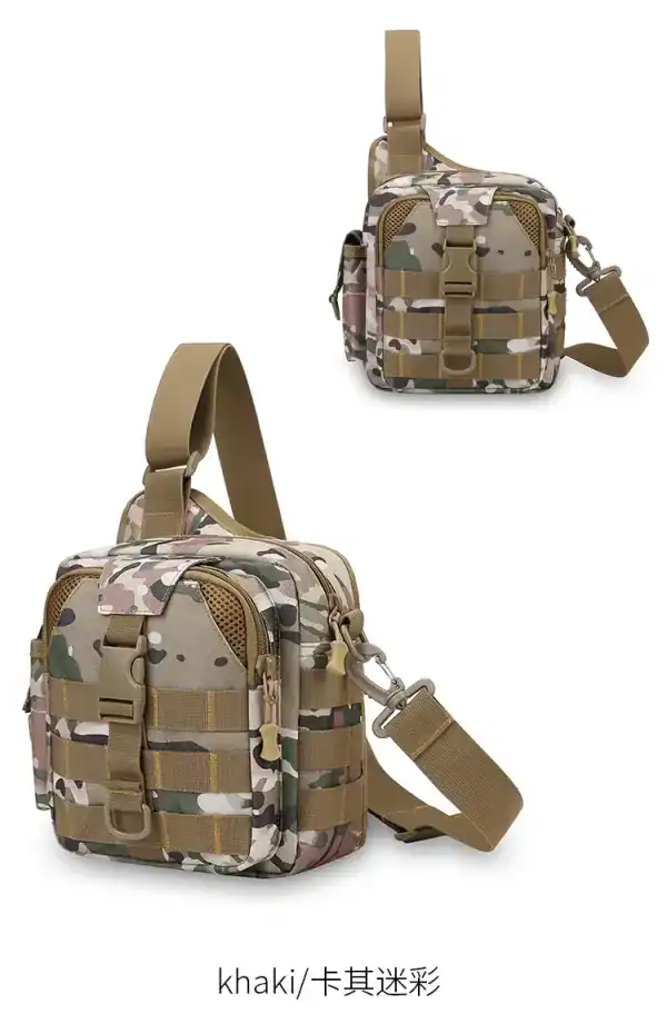 កាបូបស្ពាយ Camouflage Sports khaki សម្រាប់ក្រៅផ្ទះ និងសម្រាកលំហែ មានរចនាប័ទ្មកាមូហ្វ្លាសជាមួយពណ៌ khaki។.