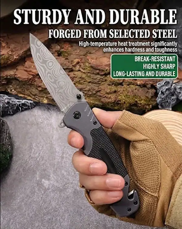 កាំបិតបត់ Tactical មានលំនាំពិសេស, សុទ្ធសាធ, ប្រើសម្រាប់ការរស់នៅក្រៅផ្ទះ និងការរស់នៅក្នុងស្ថានភាពបន្ទាន់។.