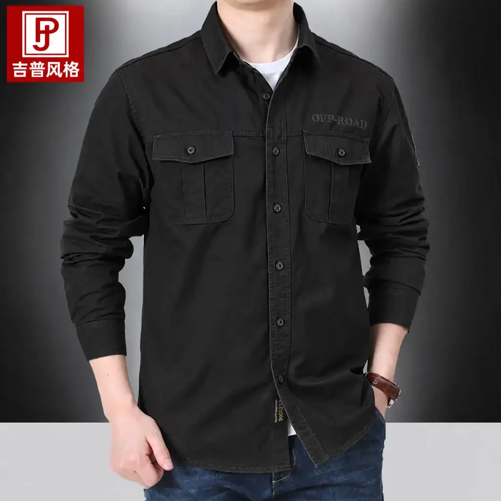Casual black long sleeve shirt with multiple pockets, suitable for workwear and outdoor activities.