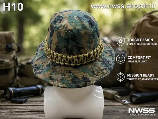 Camouflage boonie hat with paracord band for outdoor activities. Tactical and comfortable design.