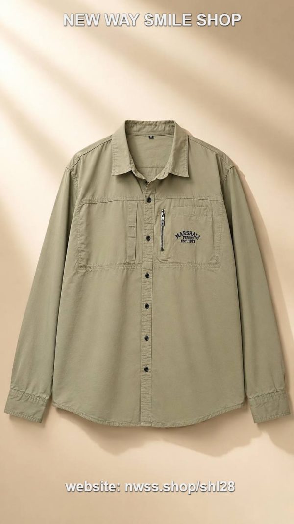 Khaki men's long sleeve cotton overshirt with structured collar and front button closure.