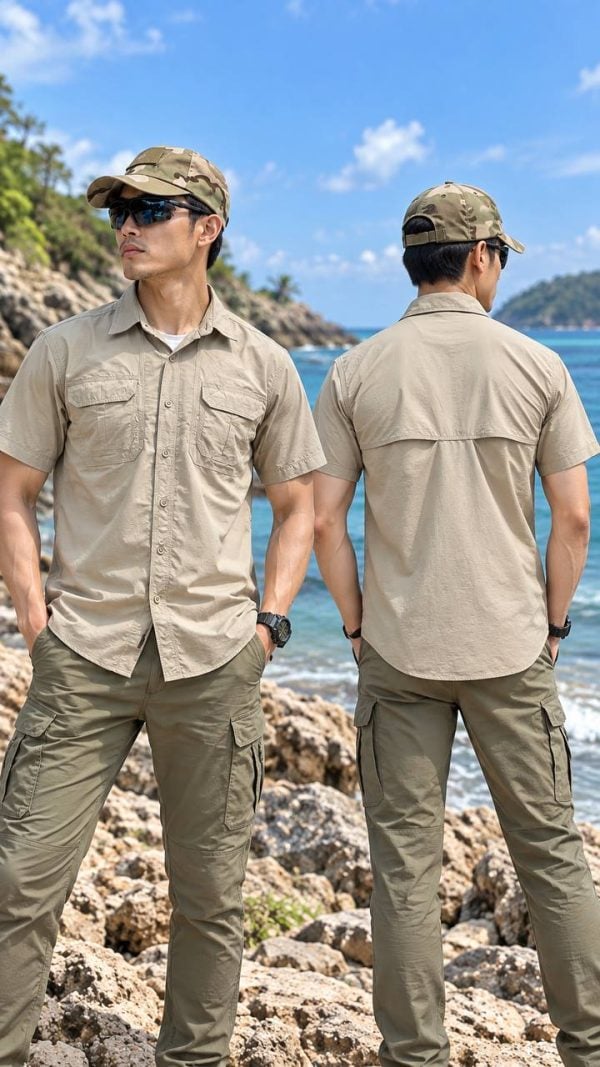 Tactical short-sleeved shirt in khaki for summer outdoor activities, breathable and military style.
