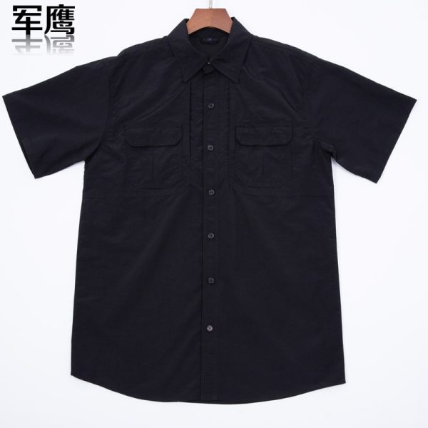 Black tactical short-sleeved shirt with front pockets for summer outdoor activities.