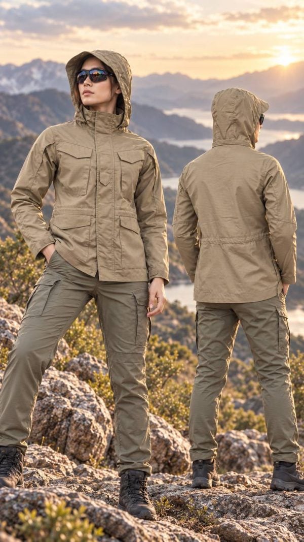 JK09 Paving Eagle Consul Tactical Trench Coat in camouflage outdoor field jacket style.