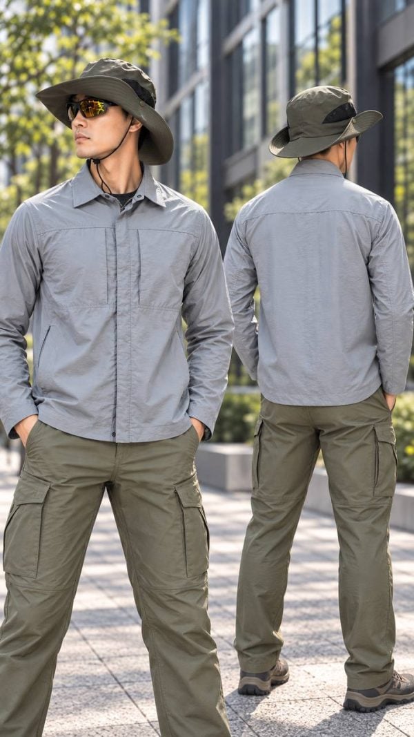 Men's lightweight spring-summer shirt jacket in light gray with minimal lapel, outdoor tactical style.
