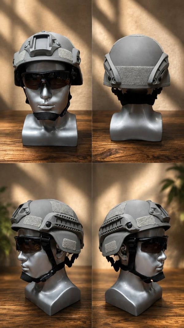 Tactical rail helmet in gray for outdoor sports and CS field protection, with adjustable straps and mounting rails.