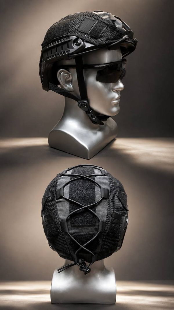 Tactical mesh helmet cover for outdoor and training helmets in black, designed for military and tactical use.