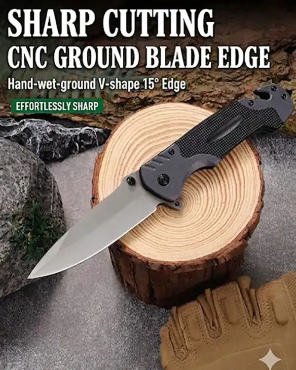 កាំបិតបត់ Tactical ខ្ពស់ - ស្បែកស EDC Survival Tool មាន Glass Breaker និងកាំបិតកាត់ដីខ្ពស់.