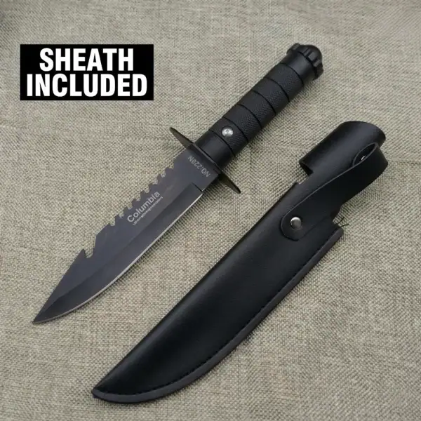 K91 Premium Outdoor Survival Straight Knife with black handle and sheath for camping and adventure.