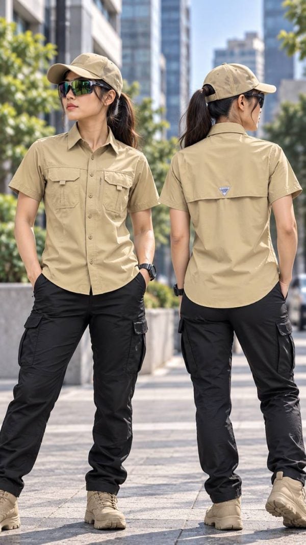 Summer outdoor casual multi-pocket workwear short-sleeved shirt in beige for men.