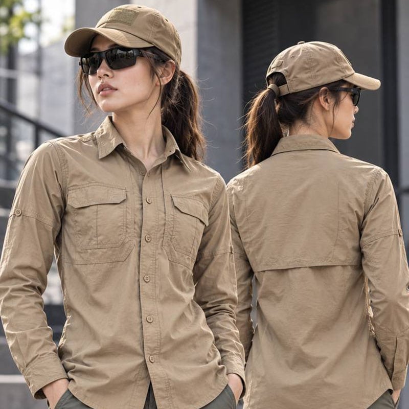 Tactical long-sleeve shirt in khaki with chest pockets, worn by a woman outdoors, suitable for military or outdoor activities.