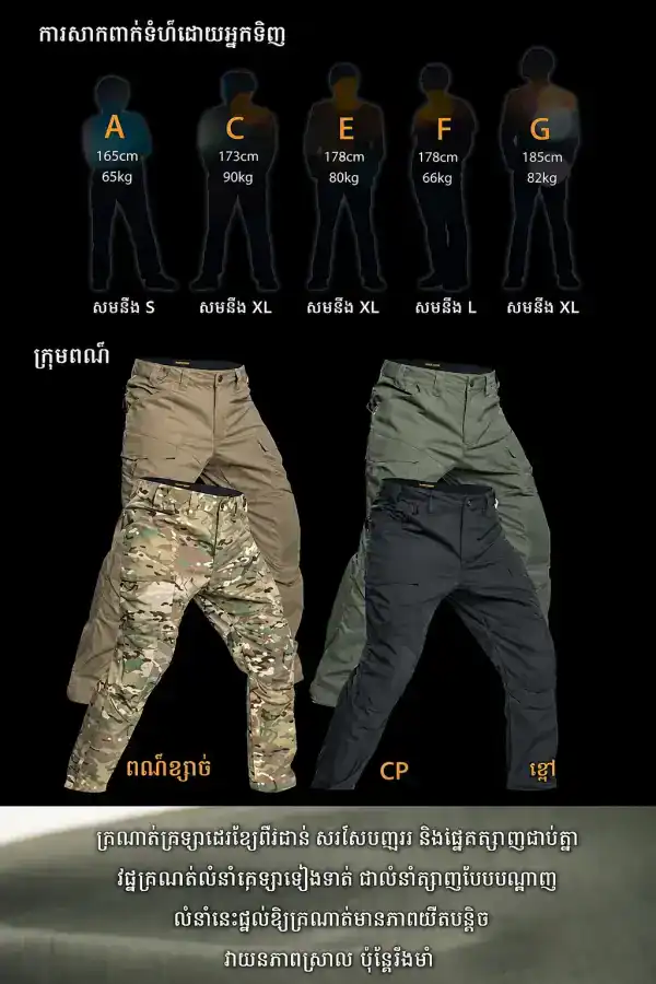 ខោ tactical cargo IX14 ក្រណាត់ជួយរុញទឹក មានហោប៉ៅច្រើន និងជង្គង់រចនា 3D សម្រាប់ការប្រើប្រាស់ក្រៅផ្ទះ.