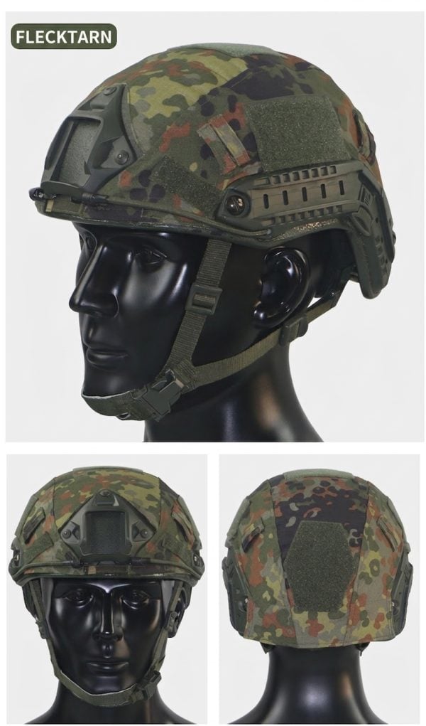 Tactical mesh helmet cover for outdoor and training helmets in camouflage pattern, designed for tactical use.